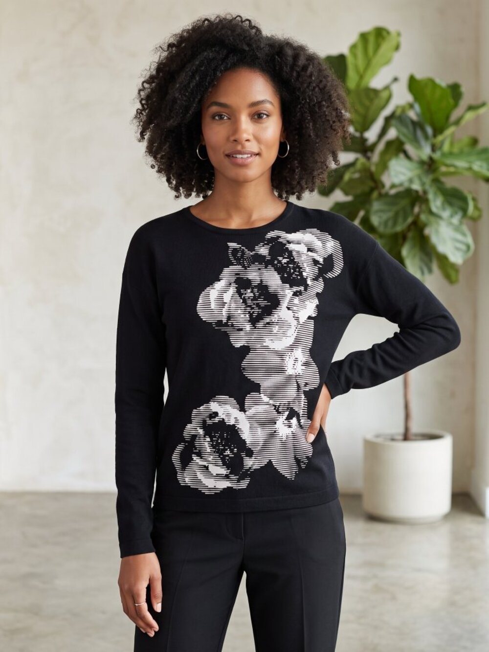 Calvin Klein Black White Floral Jacquard 100% Cotton Knit Sweater S